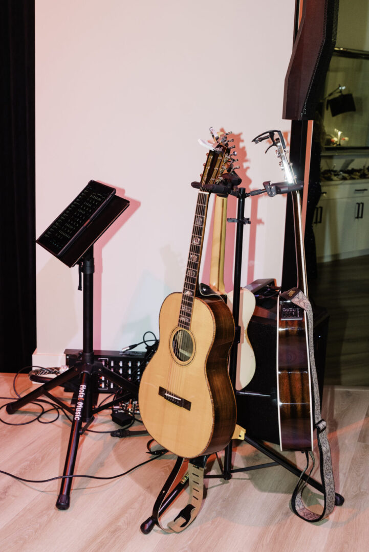 Two acoustic guitars on a stand.